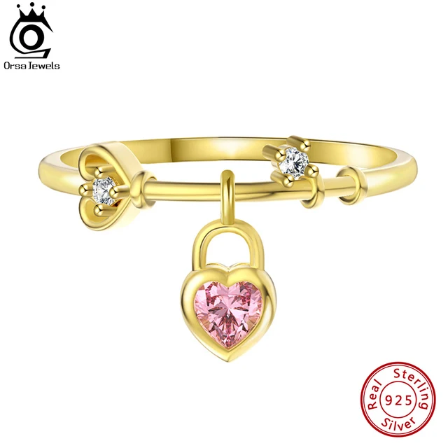 ORSA JEWELS 925 Sterling Silver zwisające pierścionki z sercem 14K pozłacane delikatne opaska na palec dla kobiet biżuteria na prezent SR311