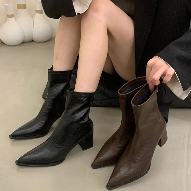 Botas com zíper feminino novo 2024 sapatos de salto alto tornozelo borracha rock pontudo senhoras sólido plutônio rebanho equitação roma apontou toe microf