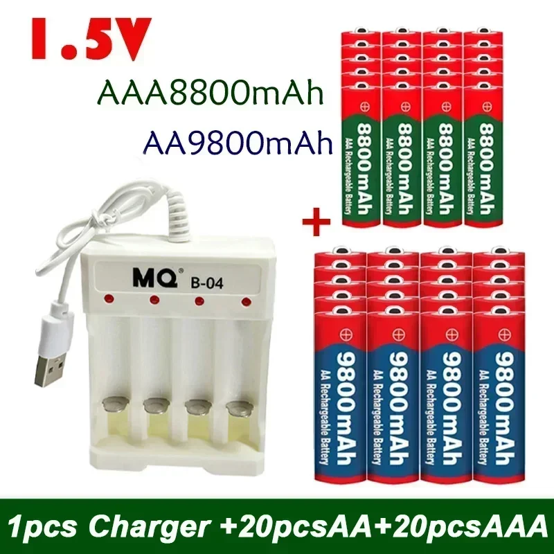 

100% New 1.5V Rechargeable Battery AA 9800mah+AAA 8800mah+USB Charger Set Alkaline Technology Suitable for Remote Control Shaver