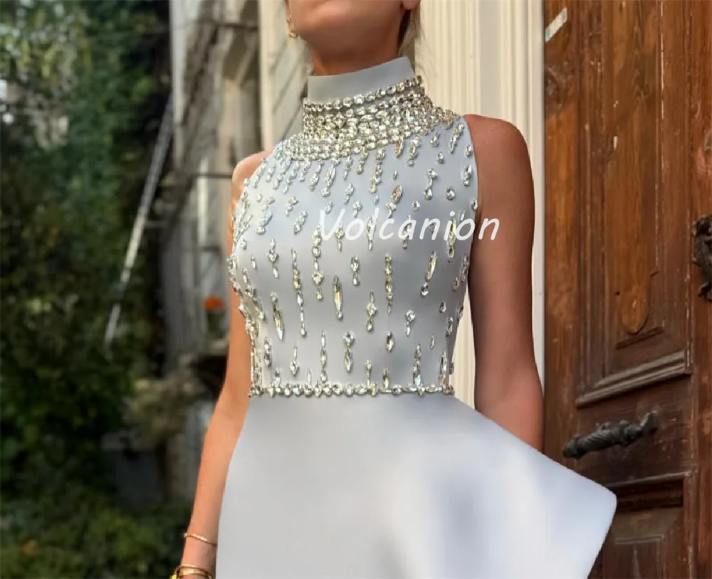 Customized High Quality Exquisite Charmeuse Rhinestone Ruched Straight High Collar Long Dresses Bespoke Occasion Dresses Formal