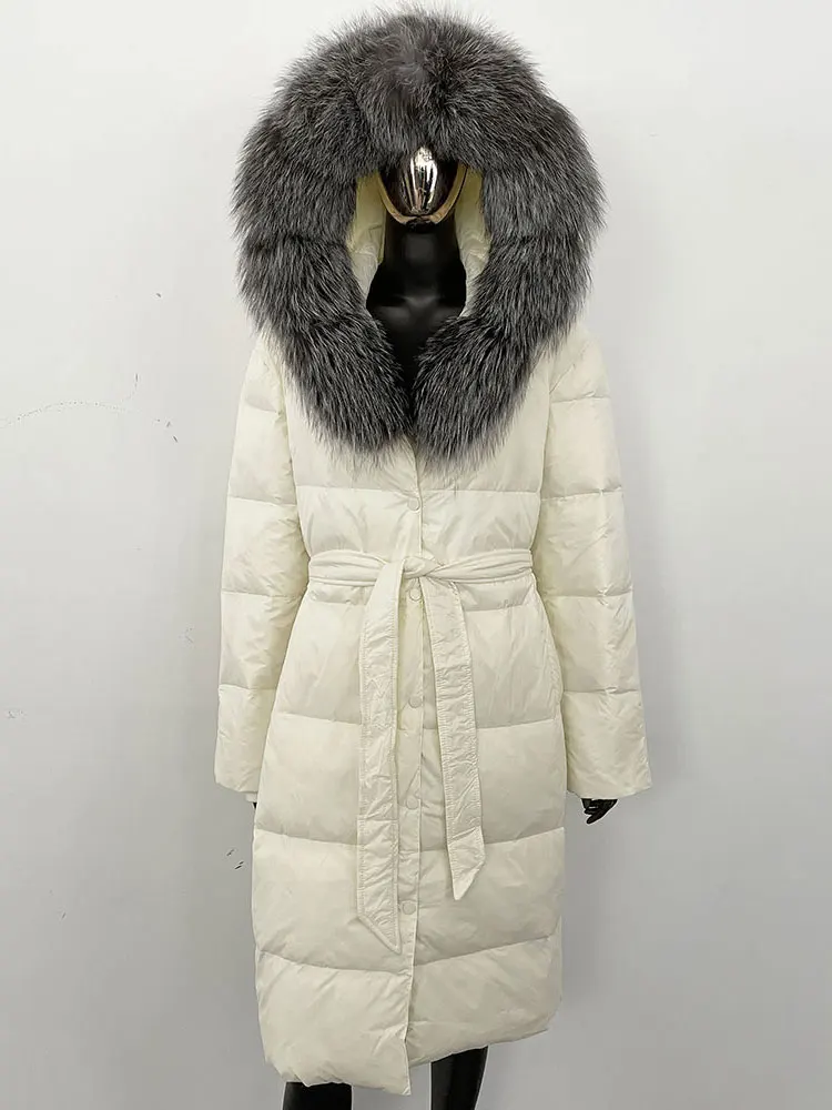 

CXFS 2025 Новая зимняя длинная куртка-пуховик с капюшоном, женская теплая утолщенная куртка с воротником из натурального лисьего меха, белая утиная пуховая куртка, водонепроницаемые парки