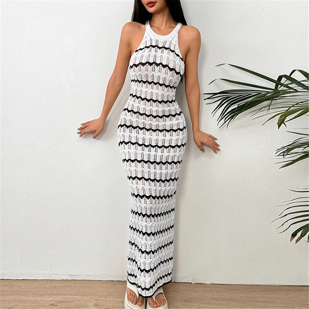 Ärmelloses, gestreiftes, ausgeschnittenes, gehäkeltes, gestricktes Tunika-Strandkleid, Strandmode, Damen-Strandkleid, Strand-Cover-up, Damen V6755 – Detail 9