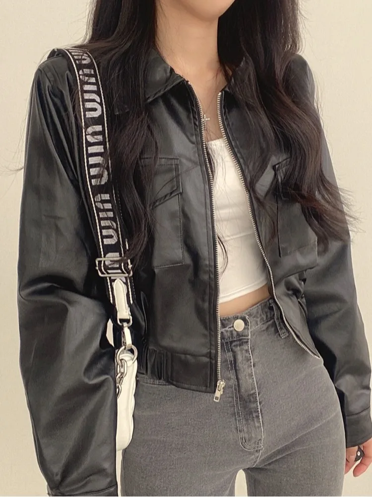 Chic Autumnal Slim Fit Zipper Collar Double Pocket Simple Style Versatile Short Leather Jacket Coat for Young Women