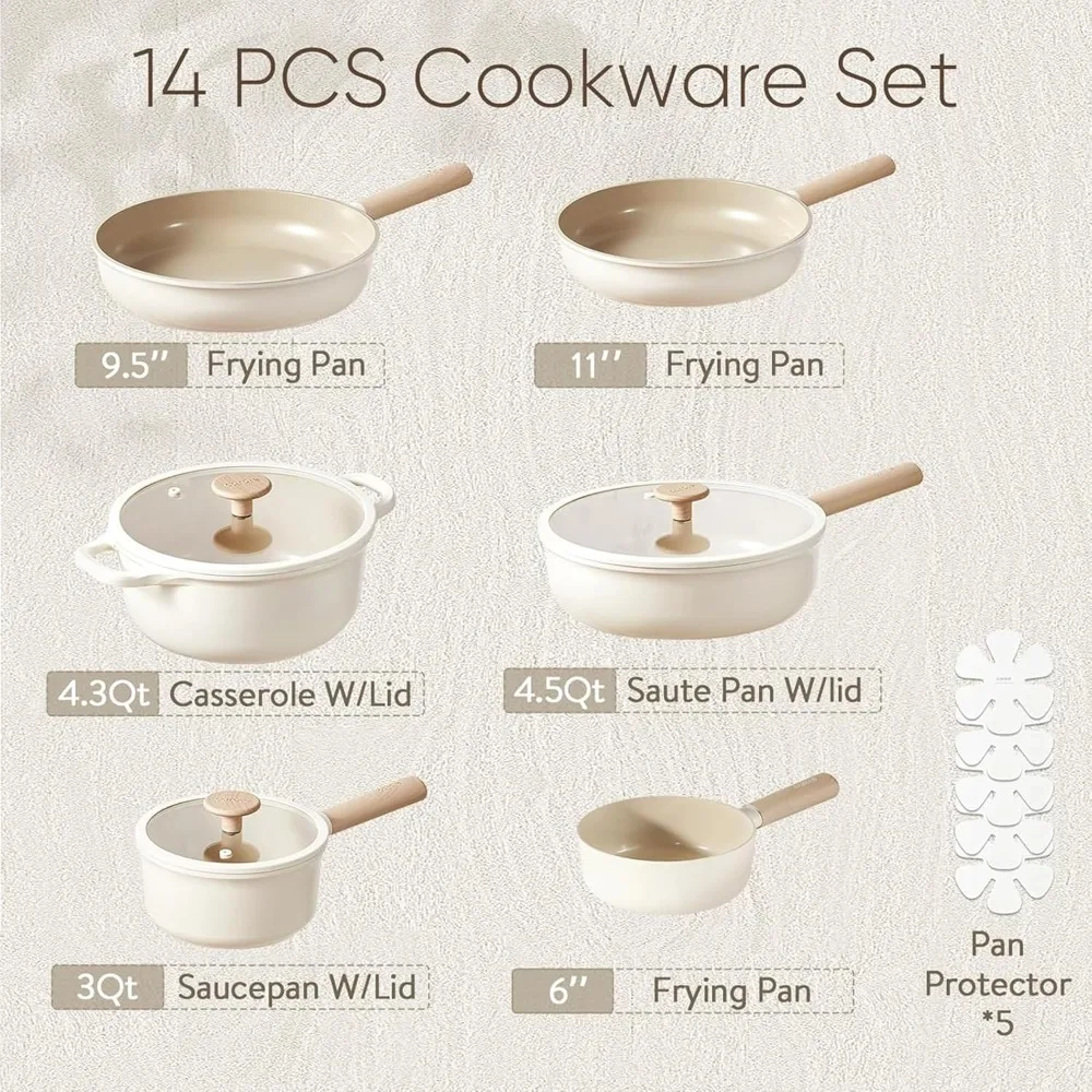 2025 NEW CAROTE Ceramic Pots and Pans Set, 14pcs Cookware Set, Non-toxic Healthy Non Stick Cooking Set, with Frying Pans Set