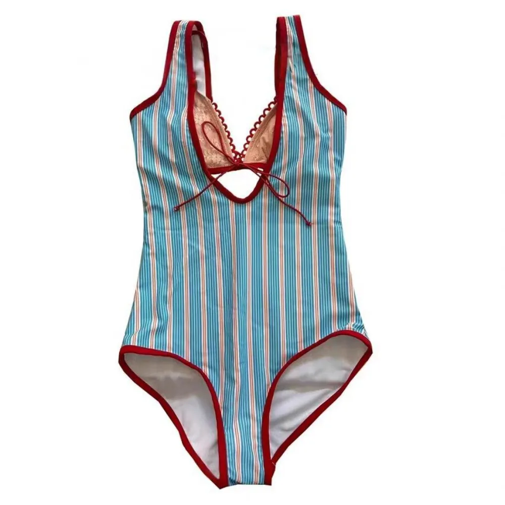 

Bowknot Stripe Sleeveless Swimsuit Deep-V Slim Fit Bikini Bathing Suit Beachwear Clothing Bodysuit Two Pieces Swimwear Set