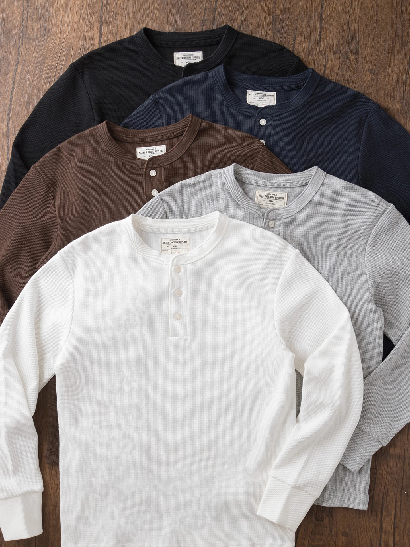 Heavyweight 350g Men's Long Sleeve T-Shirt Henry Collar Base Shirt Retro American Style Waffle Pattern Hard Man Base Layer Top