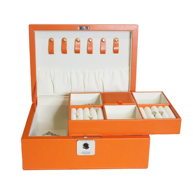 Luxury Jewelry Box with Fingerprint Lock Double Layer PU Leather Storage Organizer Soft Velvet Lining for Women