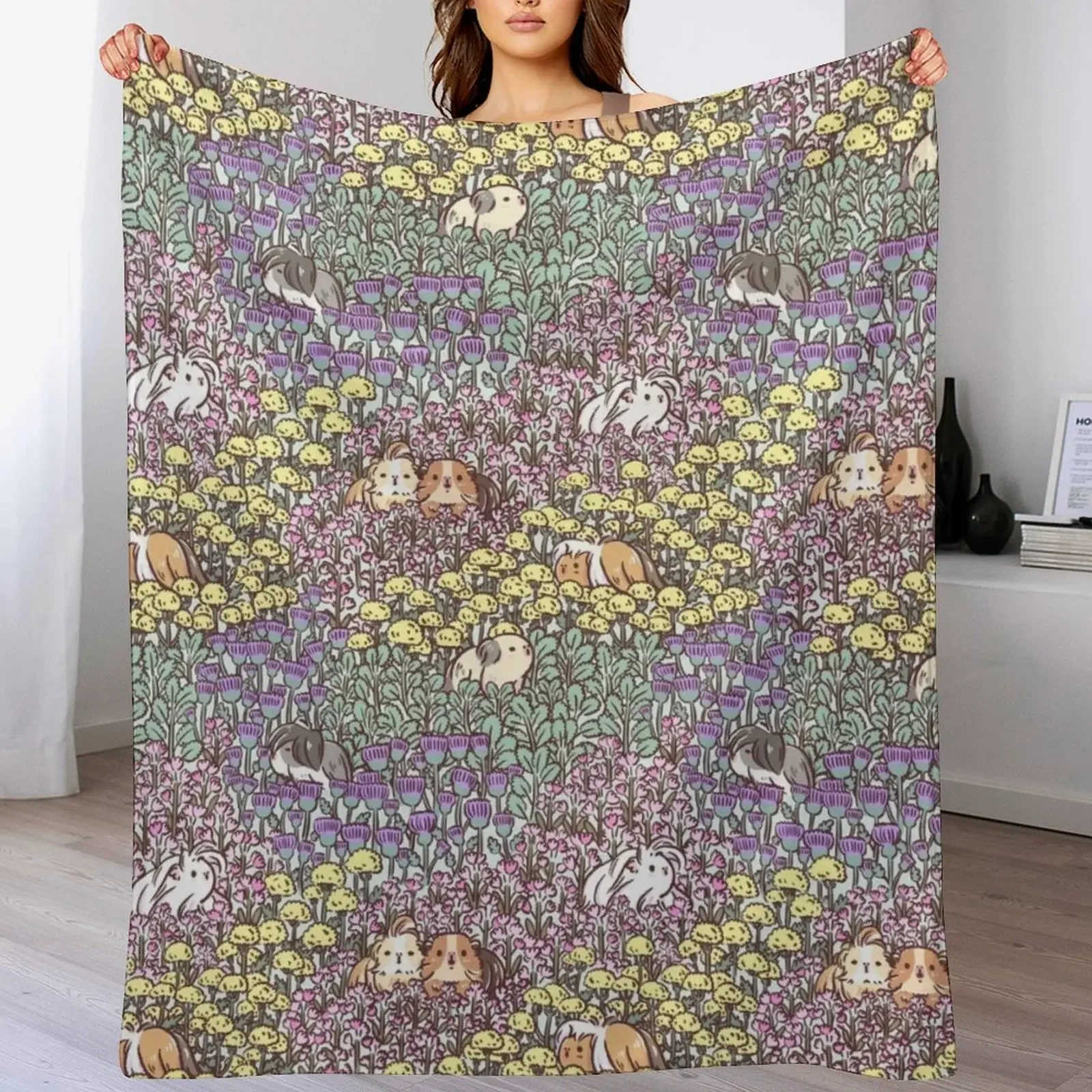 

Long Haired Guinea pigs and Floral Garden pattern Throw Blanket Fashion Sofas for winter cosplay anime warm winter Blankets