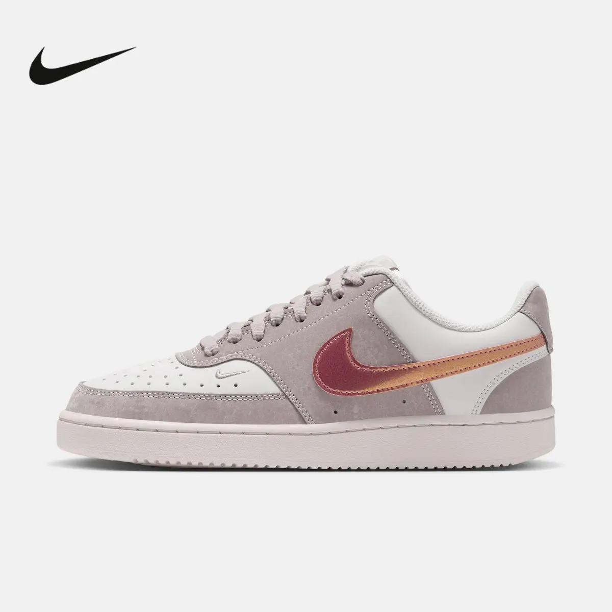 W NIKE COURT VISION LO LX IU7630-200 Women Low Top Sneakers, Gray White Leather Mix Casual Shoes with Burgundy Swoosh Gum Sole