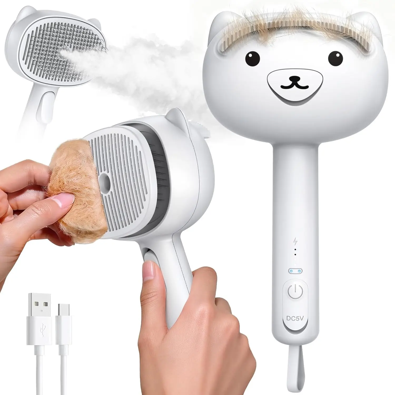 Self Cleaning Shedding Steam Cat Brush, Silicone Scraper, USB Rechargeable Grooming Tool for Dogs & Cats, White