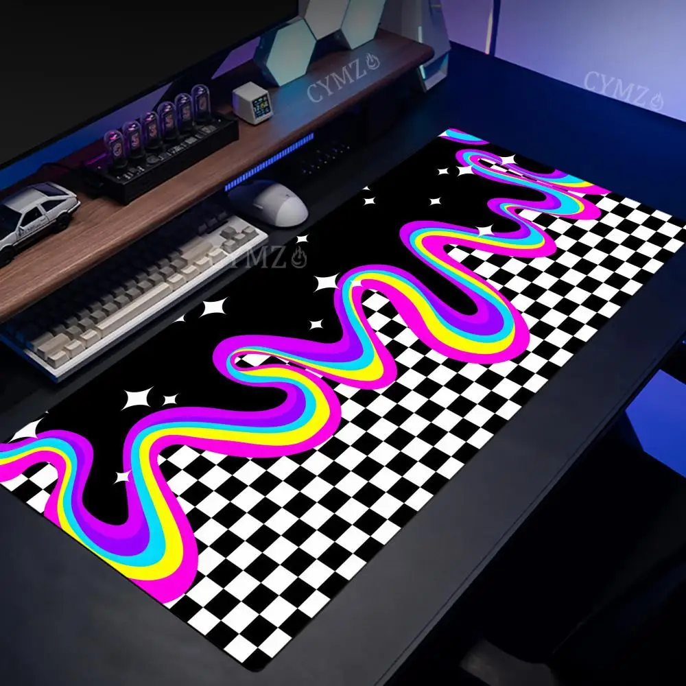 Schwarz-weiße Karomuster und farbenfrohe Linien, Mauspad, Schreibtischunterlage mit genähtem Rand, rutschfestes PC-Zubehör, Gaming-Matten