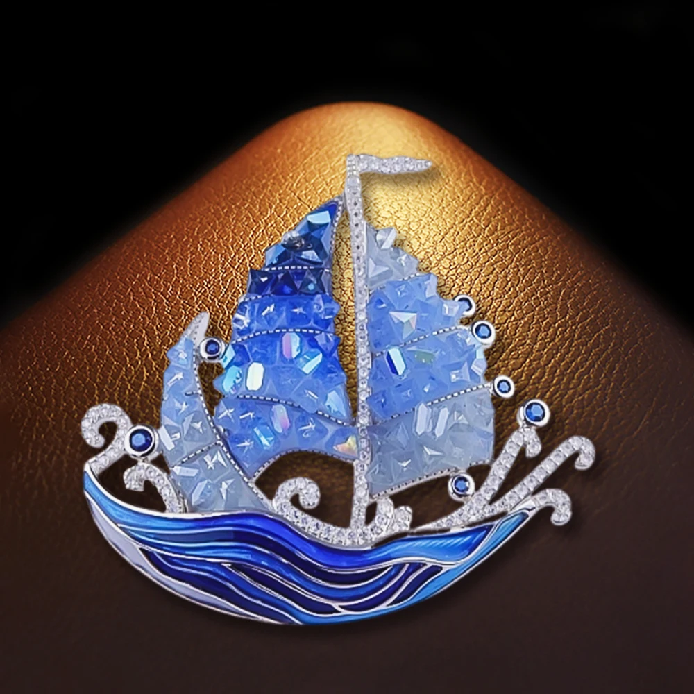 OKILY Blue Color Imitation Crystal Sailing Brooch High-end Exquisite Zircon Boat Corsage Atmospheric Pin for Man Clothing Decor