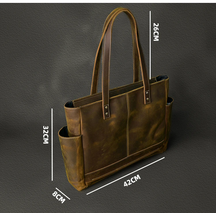 Original Genuine Leather Men Handbags Portable Tote Bag Vintage Cowhide Laptop Bags Shopping Shoulder Bag Horizontal Tote Travel