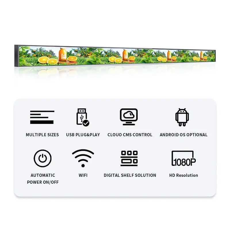 Commercial Long Narrow Screen Stretch Bar LCD Retail Shelf Display Digital Signage for Shelf Edge Header Ultra Wide Display