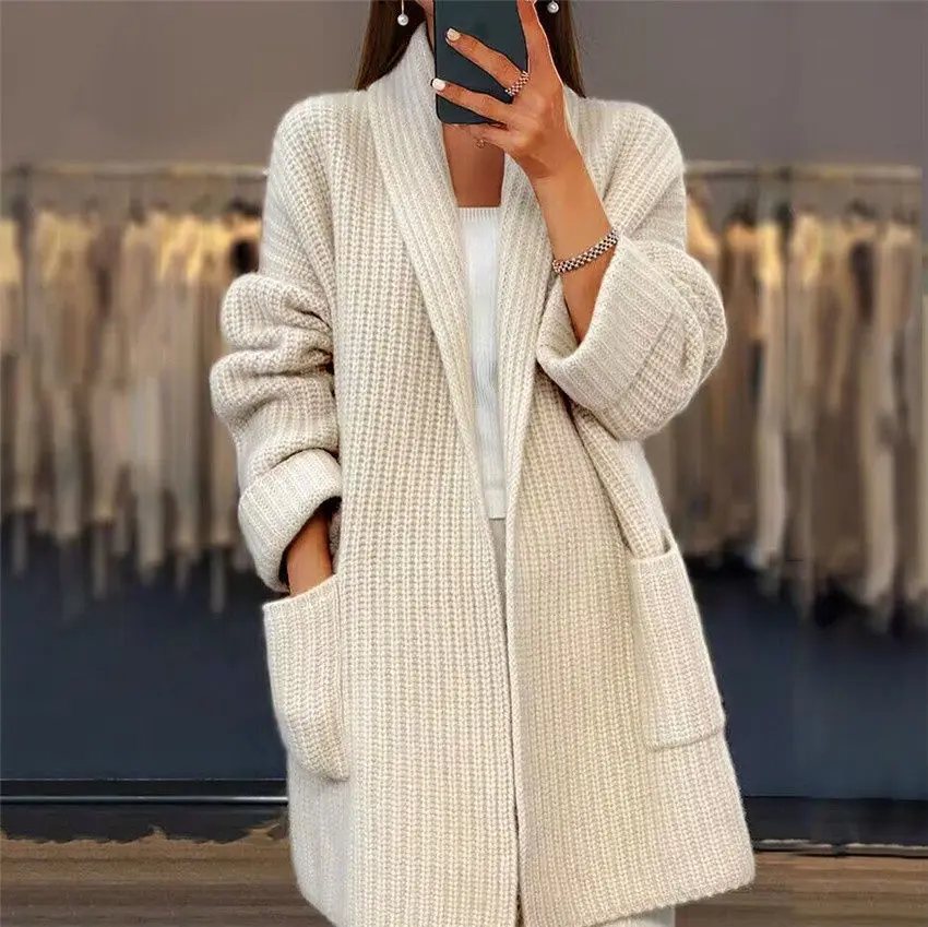 

Mid-Long Cardigans Girls Womens Fall Kintted Elegant Pocket-Flaps Moricore Lapels Streetwear Sleeve Button Rib-Knit Pure Preppy