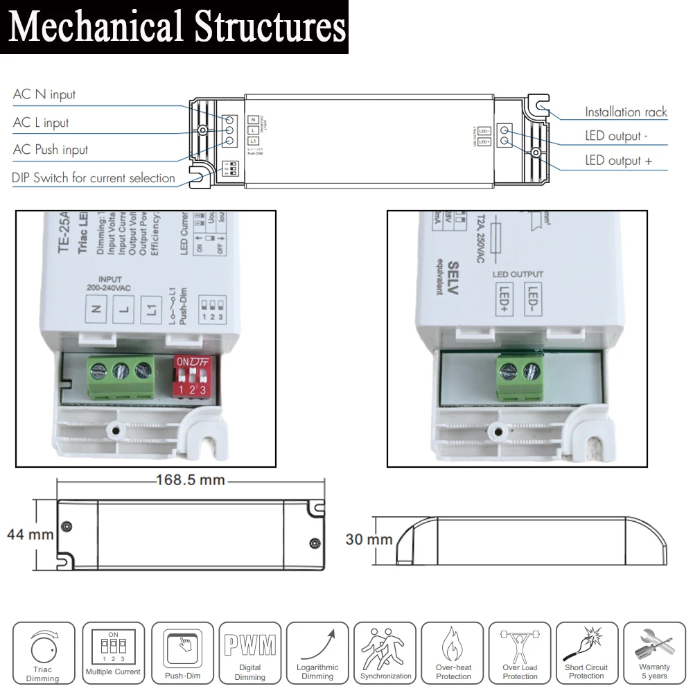 Imagem -04 - Triac-constante Atual Led Driver Dimmable Fonte de Alimentação Pwm Digital Dimming Transformer Push Dimming Adaptador de Alimentação 15w 25w 36w