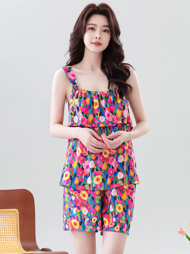 Summer Home Cotton Silk Strap Sleepwear Women's New Style Anti-Protrusion Vest Shorts Set Artificial Cotton round Neck Pullover