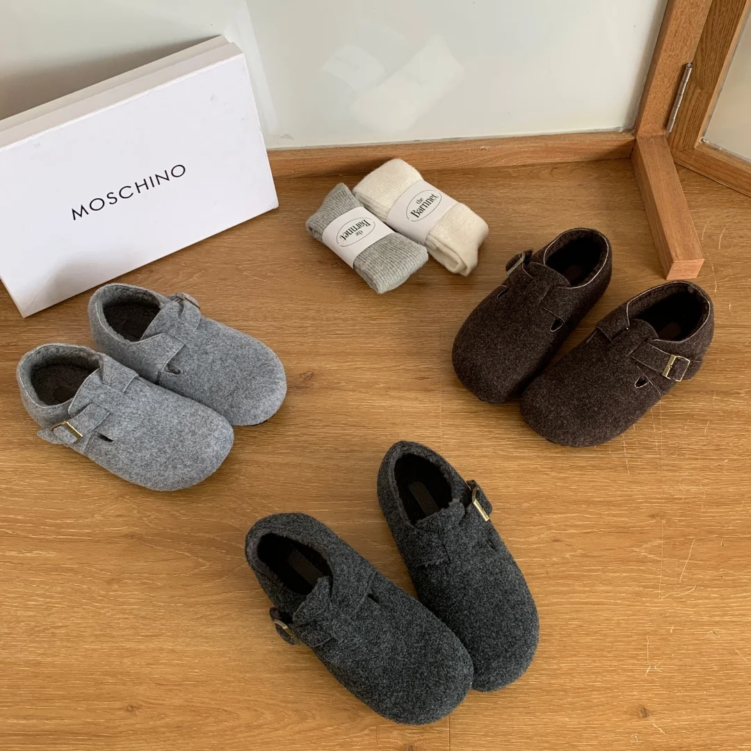 حذاء بدون كعب للنساء بإبزيم حذاء بمقدمة مستديرة مصمم مريح حذاء مسطح مسطح شتوي دافئ حذاء ماري جين zapatos mujer