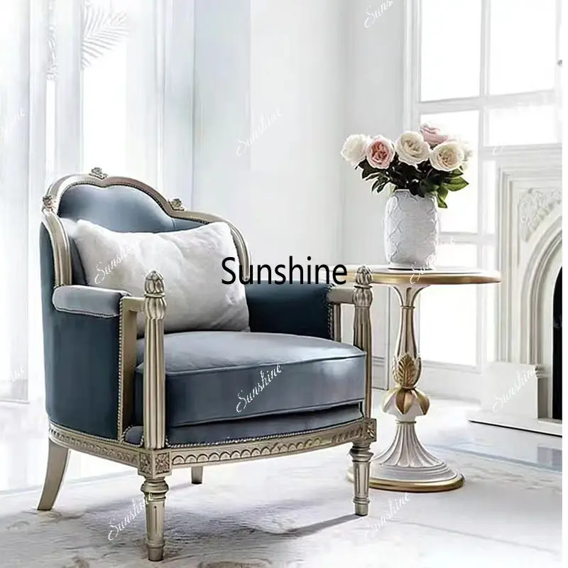 French retro solid wood sofa chair living room fabric solid wood carving flower leisure