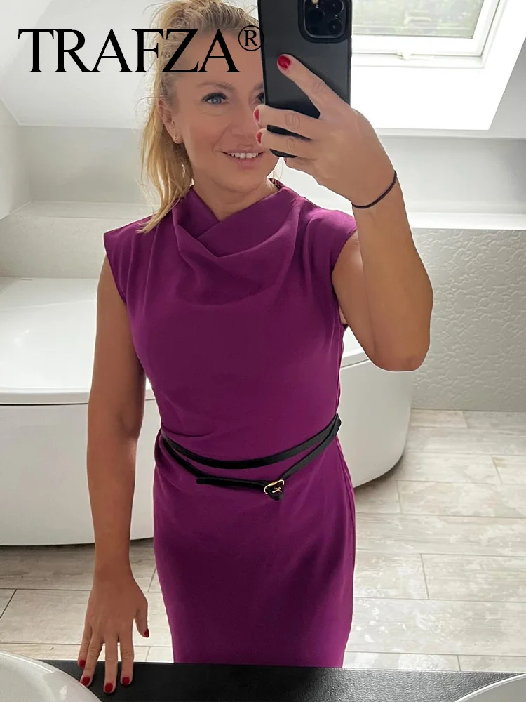TRAFZA Autumn Women' Fashion Solid Sleeveless O Neck Slim Long Dresses Female With Belt Chic Elegant Versatile Woman Dress