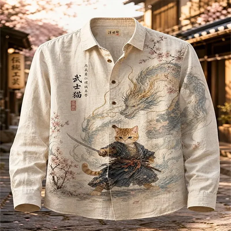 New Japanese Retro Shirt with Dragon Warrior Cat Full Print, Loose and Worn Men's Lapel Long Sleeved Shirt