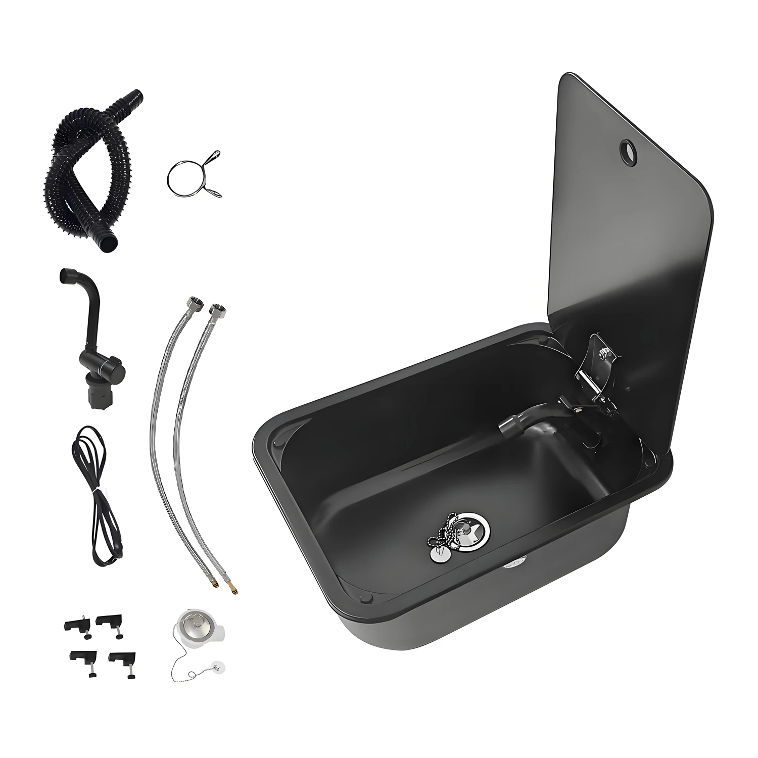 

Black Stainless Steel Sink Designed for RV with Cutting Board Cover and Hot/Cold Water Faucet Set for Marine Yachts and Camping