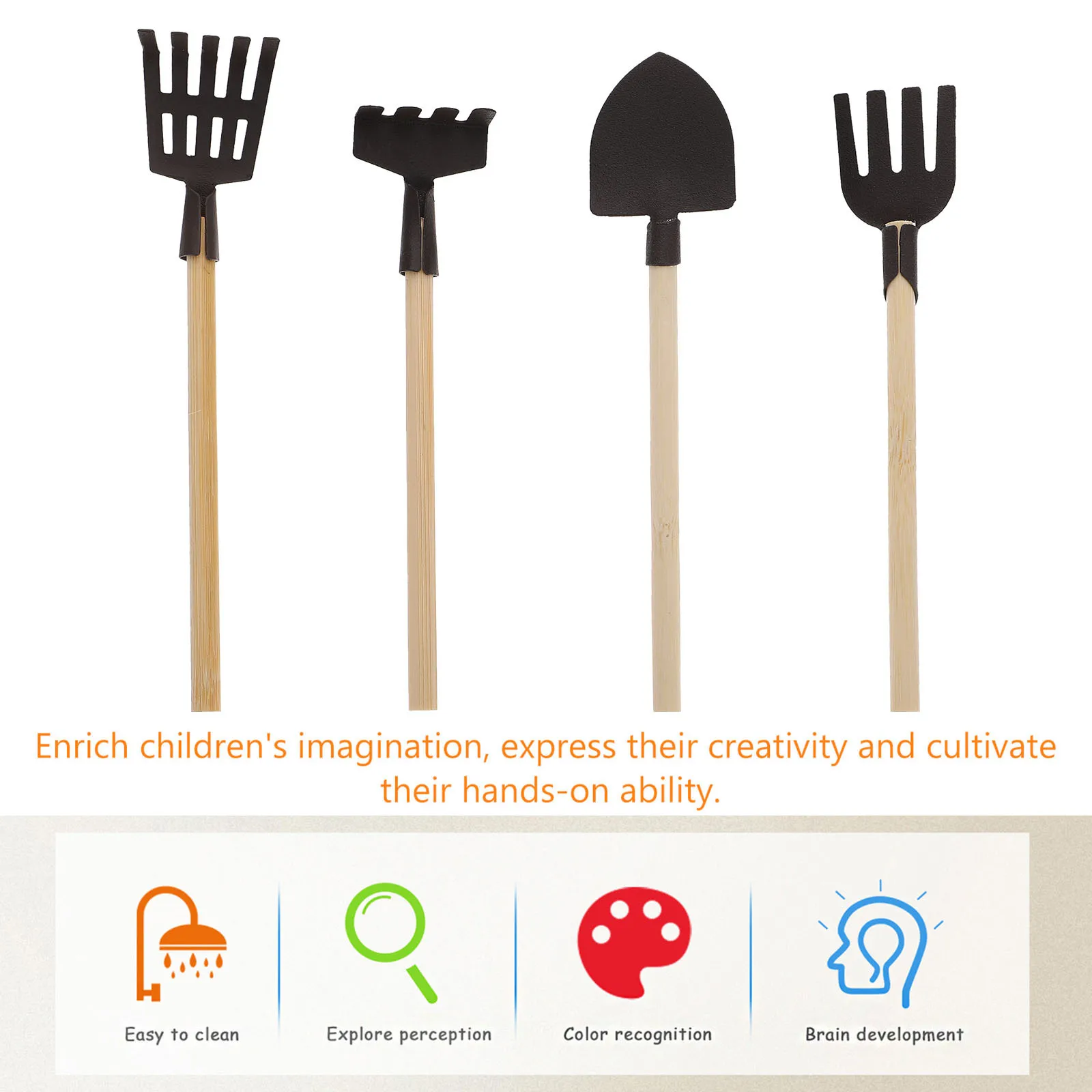 4個入りミニガーデニングツールセット、キッズスタイルドールハウスファームアクセサリー、ミニシャベル、熊手、ピッチフォーク、妖精の庭の装飾。