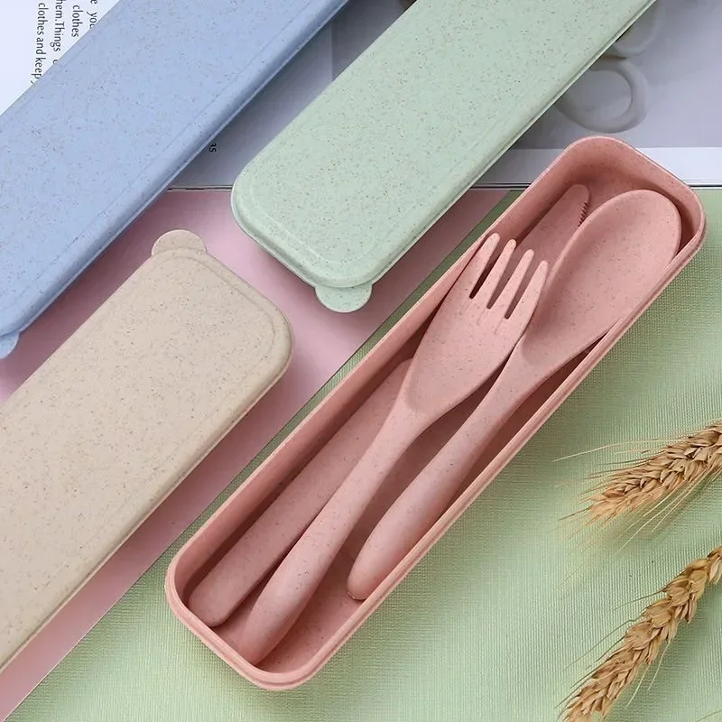 Colorful Wheat Straw Knife Fork Spoon Set with Storage Box Outdoor Camping Portable Plastic Tableware Student Lunch Cutlery Set
