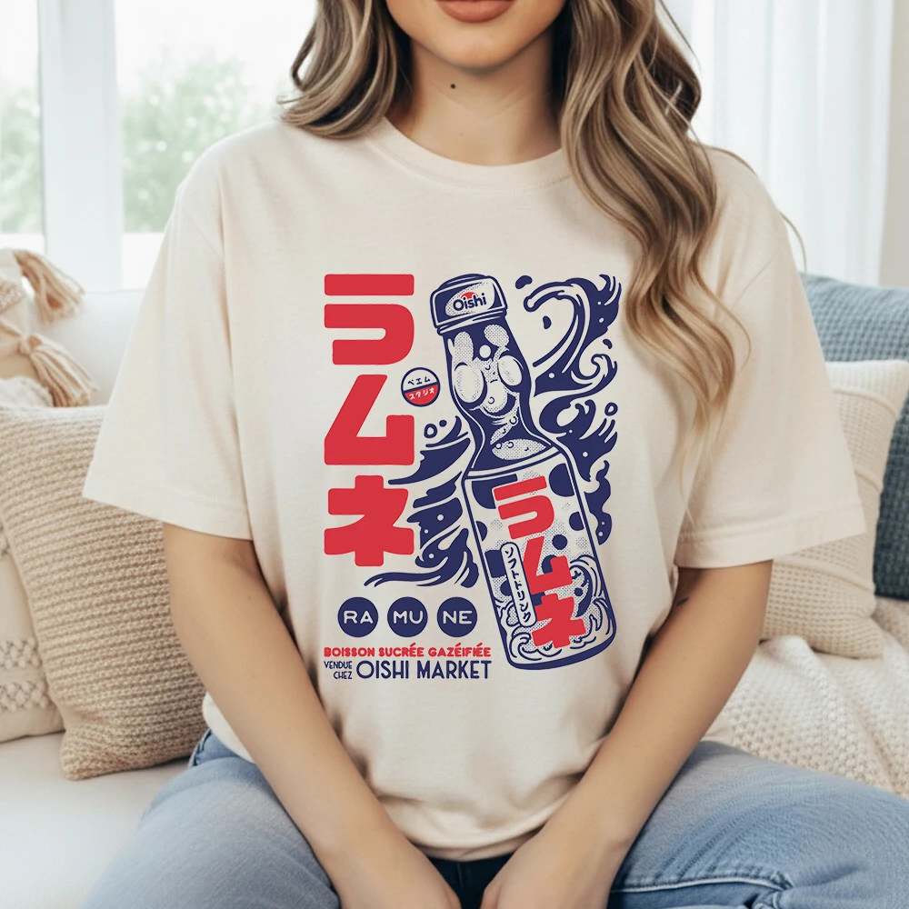 Camiseta de algodón 100% para mujer, camiseta con gráfico de refresco Ramune, botella de refresco japonesa retro, camiseta de verano de manga corta con cuello redondo vintage