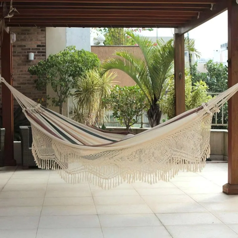 Outdoor Handmade Fiber Lace Hammock Striped Hammock Cotton Swing Hammock