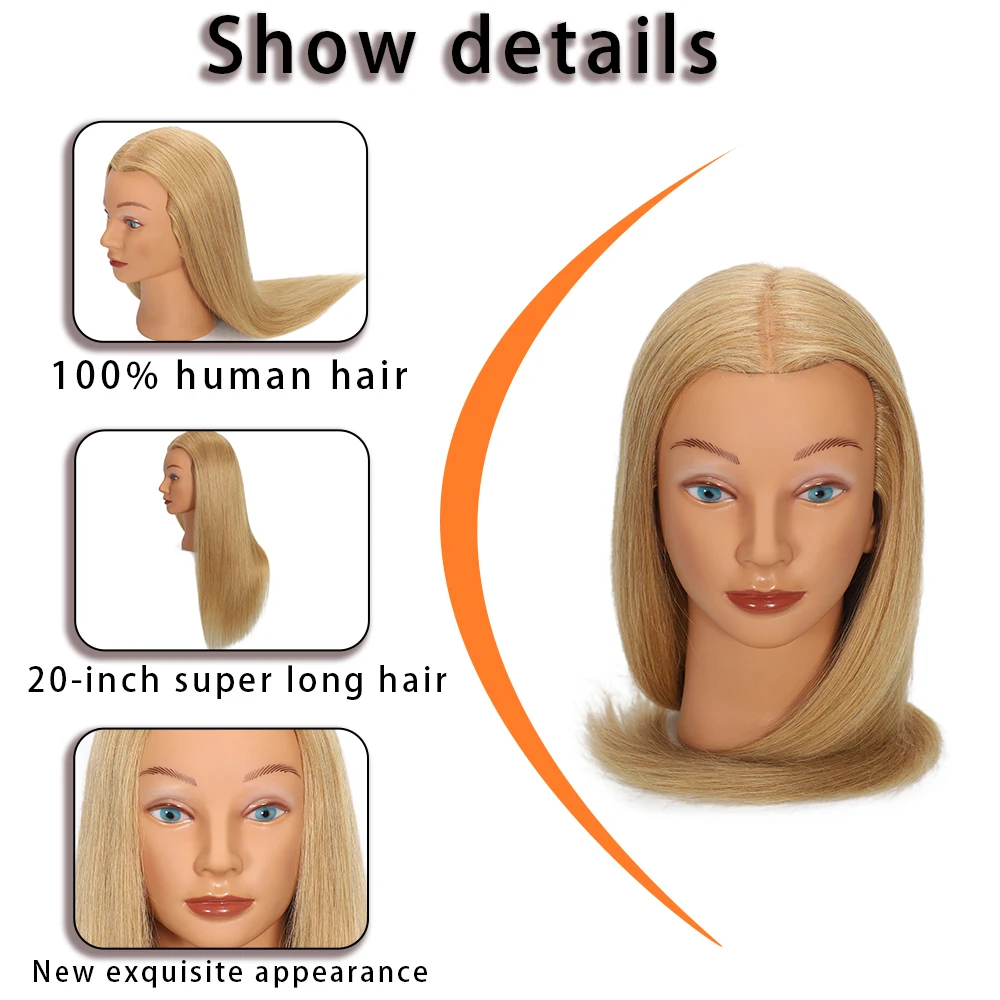 100% Human Hair Mannequin Head for Cosmetology Styling Training Practice Can Be Curled Straighten Professional Mannequin Head