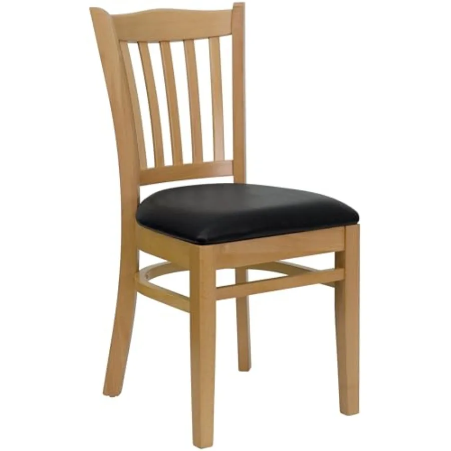 

HERCULES Series Vertical Slat Back Natural Wood Restaurant Chair - Black Vinyl Seat