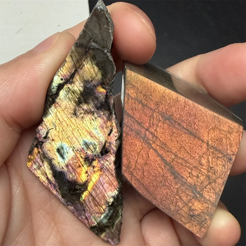 2PCS Natural Bright Yellow Blue Orange Light Labradorite Ornaments Rare Brown Pink Light Labrador Stones Beads Sliced Specimens