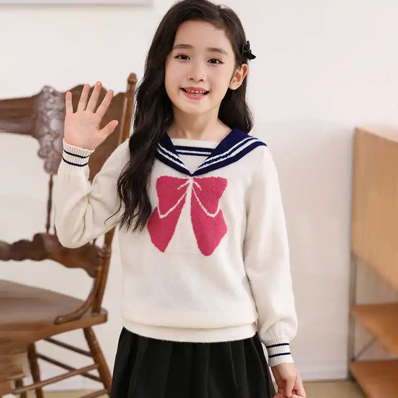 Sailor Collar Girl's Wool Cute Bow Dress Contrast Color Design Big Children's Pullover Sweater