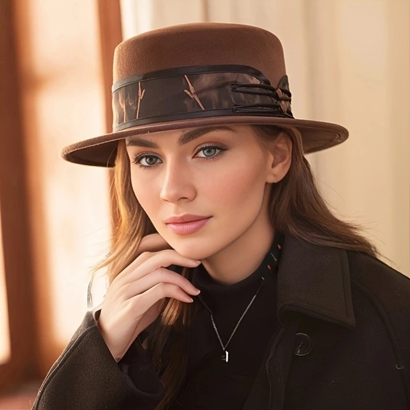 Elegant Wool Fedoras Cap Solid Color French Style Flat Top Felt Hats Trendy Hat For Women Autumn & Winter