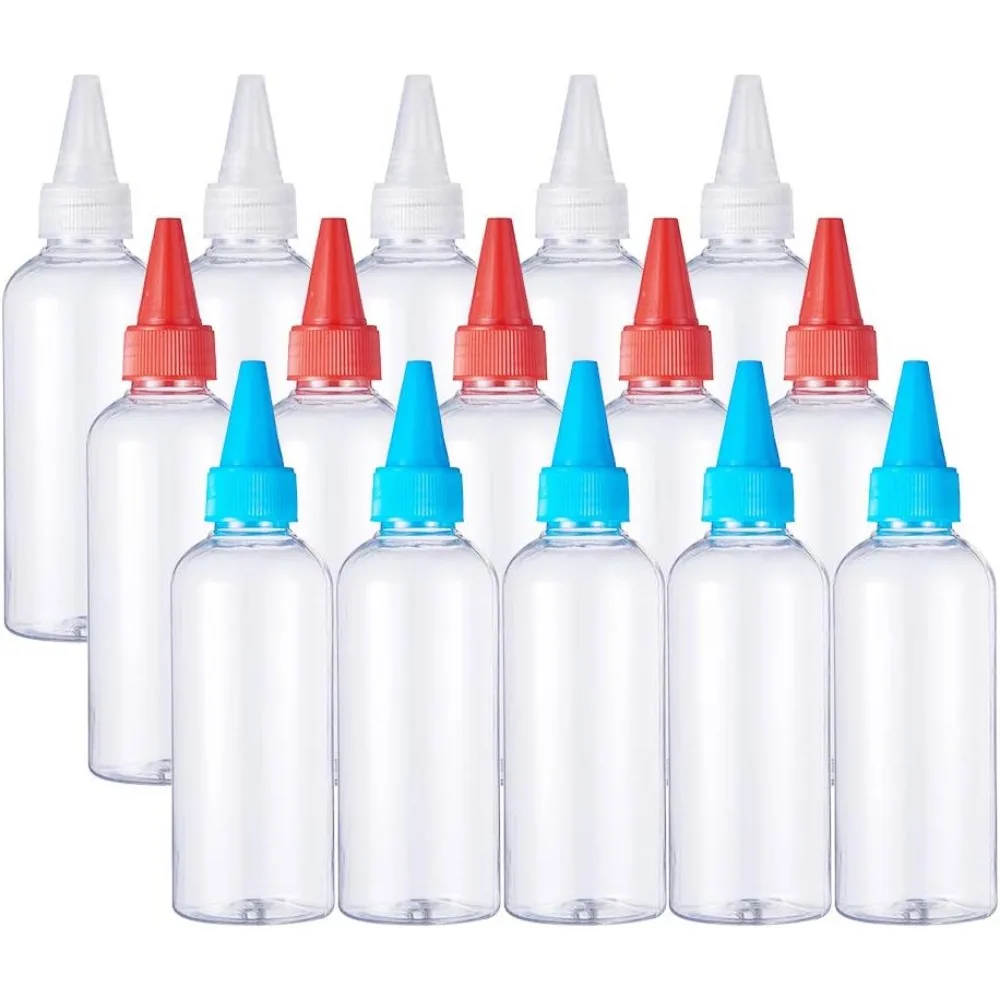 1Set 15 Pack 3.4 Ounce Plastic Tip Applicator Bottle Squeeze Dispensing Bottles with Red/Blue/White Tip Caps - Good for Crafts