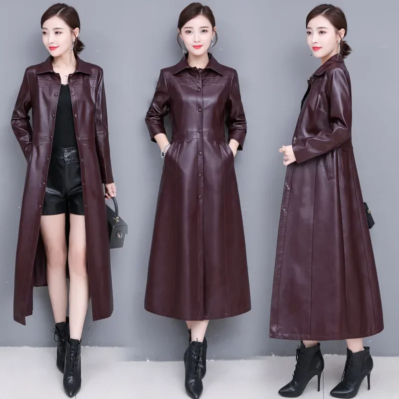 Imagem -03 - Jaqueta de Couro de Comprimento Médio para Mulheres Cabolsa Casual Trench Coats Jaquetas Finas Moda Feminina Outono e Inverno 2023