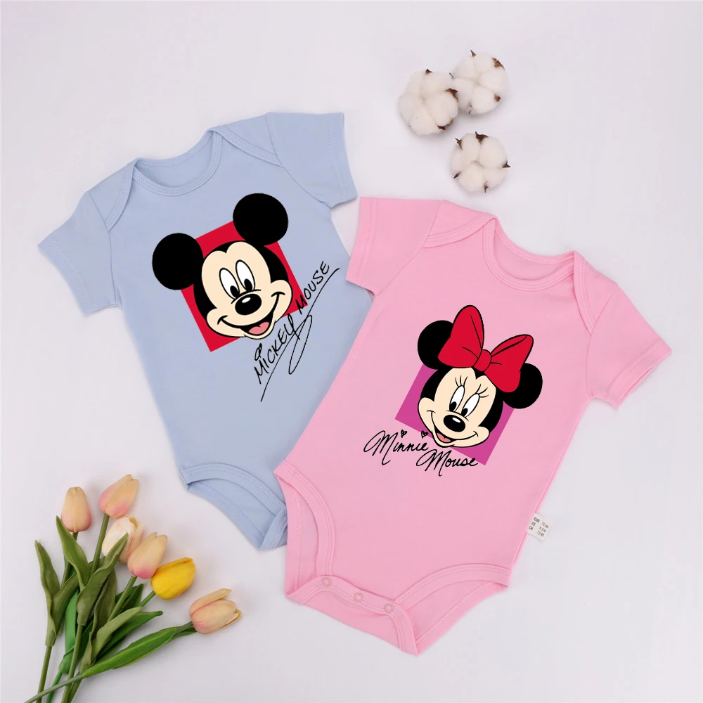 Disney Mickey Mouse Twins Baby Girl Jumpsuit Newborn Baby Boy Clothes Cartoon Mickey Minnie Mouse Twins Short Sleeve Soft Romper