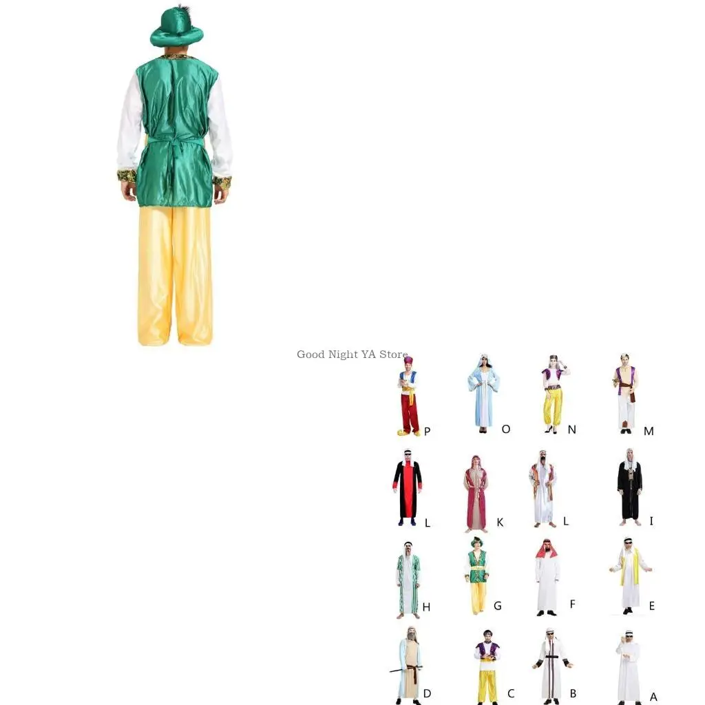 

Halloween Womens Mens Arab Costume Middle East Dubai Clothes Headdress Long Robe Veil Crop Top Pants Cosplay Outfits