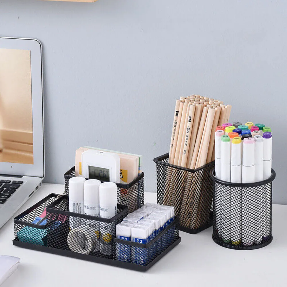 Mesh masa düzenleyici masaüstü kalem tutucu 4 bölmeler ofis ev Dropship için Metal sabit organizatör masa Caddy