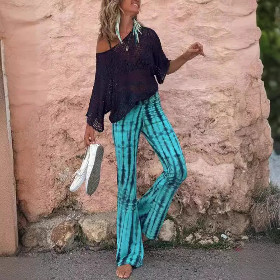 European and American Casual Women's Trousers.  New Fashion Printed Tie-dyed Lace-up Drawstring Long Pants for Spring and Summer