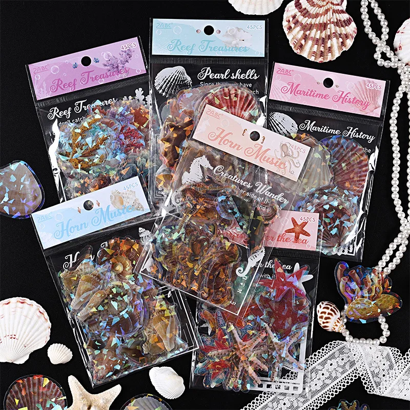 45 Teile/paket Marine Organismus Aufkleber Set Holographische Glänzende Transparente Harz Wasserdichte Aufkleber Für Scrapbooking Liefert Journal