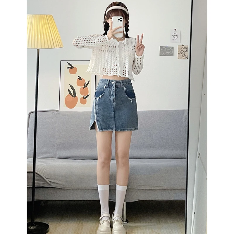 

Женская летняя джинсовая юбка А-силуэта с высокой талией, тонкая, с разрезом, облегающая, в стиле ретро, цветная