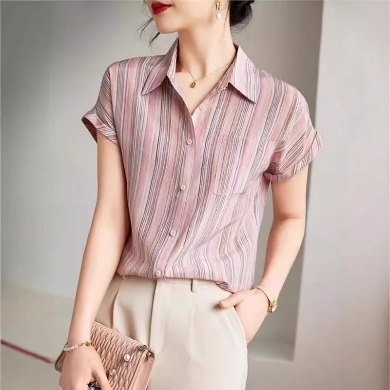 

Crepe De Chine Shirt Women's Short-sleeved Summer New Style Thin Stylish Temperament Commuter Polo Collar Shirt Top