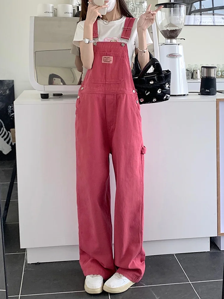 Rose Red Denim Overalls Women's Loose High Waist Wide Leg Pants Vintage Anti Aging Salt And Sweet Style Autumn Small Size