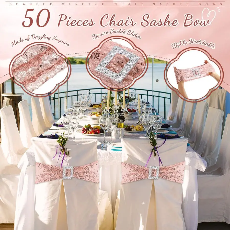 50 قطعة من أوشحة كرسي الترتر القابلة للتمدد من ألياف لدنة غطاء كرسي الترتر مع مشبك مربع منزلق لحفلات الزفاف