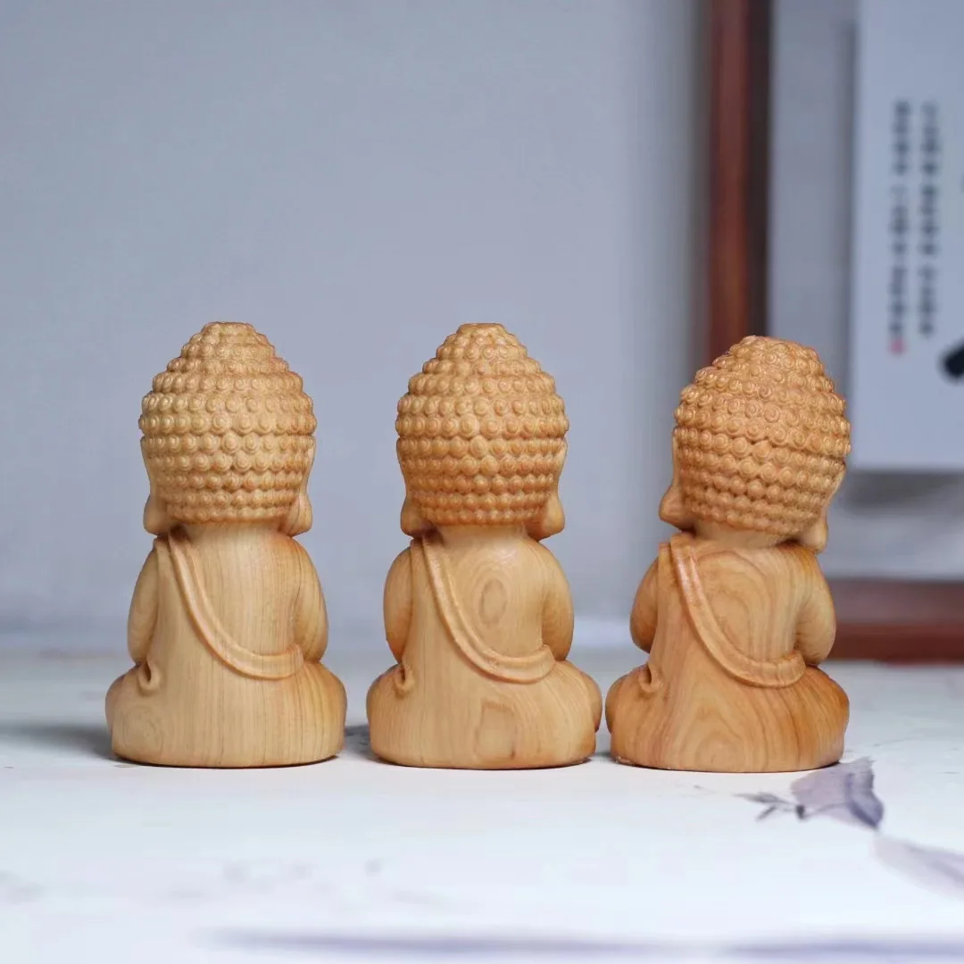 Cypress wood, wood carving,Q-version Buddha ornament, novice monk handle, solid wood statue
