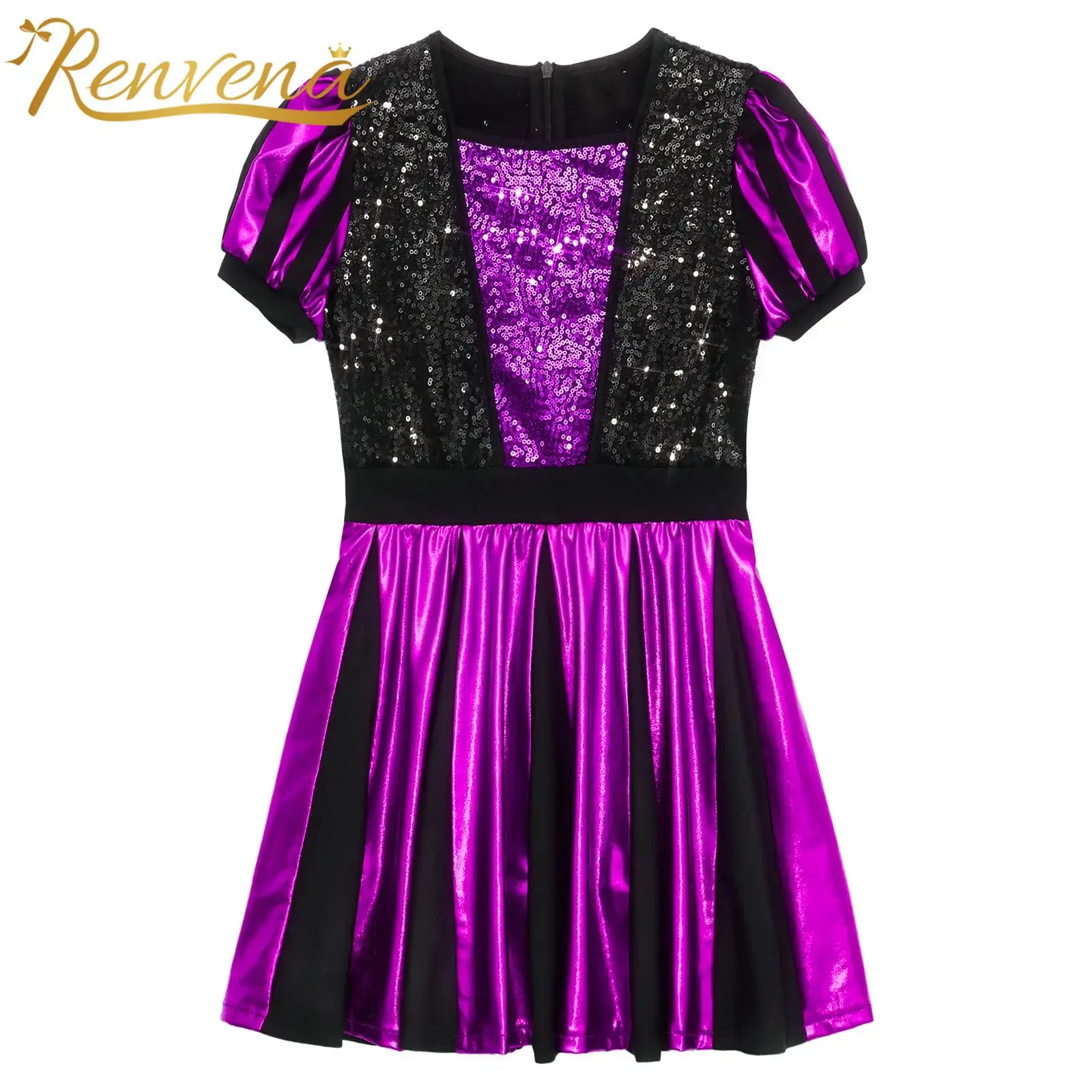 Musical Stage Performance Dancewear Girls Queen Fancy Dress Kids Role-playing Costume Shiny Sequins Color Block Metallic Dress