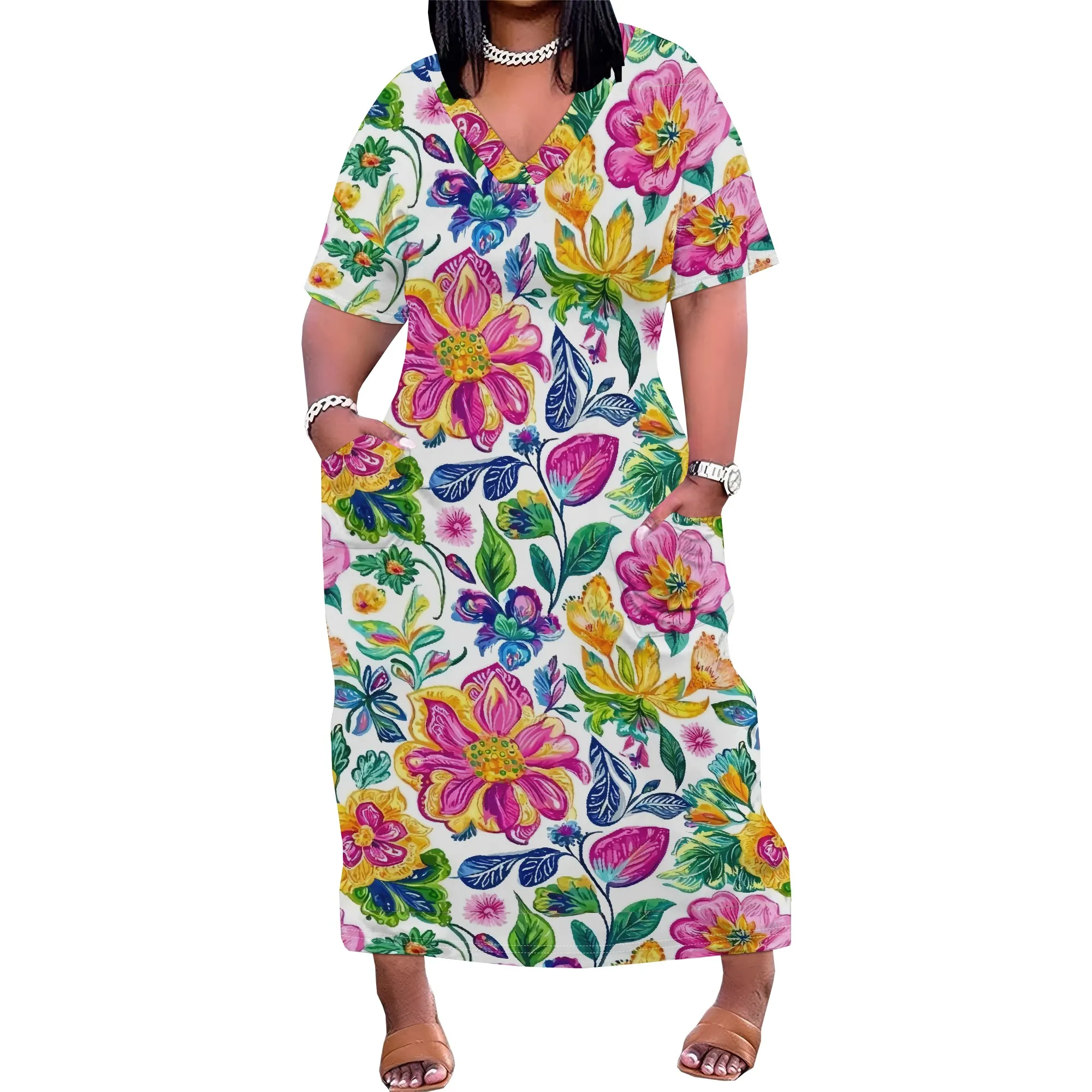 Plus Size Floral V-Neck Maxi Dress 2025 New Arrival, Spring & Summer Casual Wear, XL-6XL