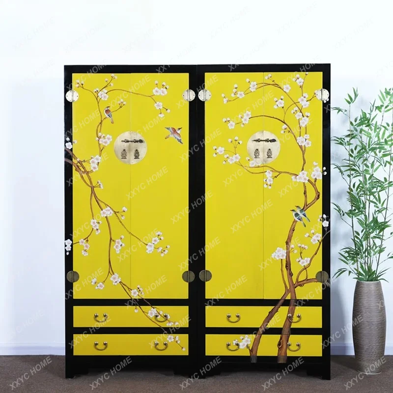 New Chinese modern solid wood elm wardrobe painted bedroom storage large decorative cabinet double door book sundry cabinet